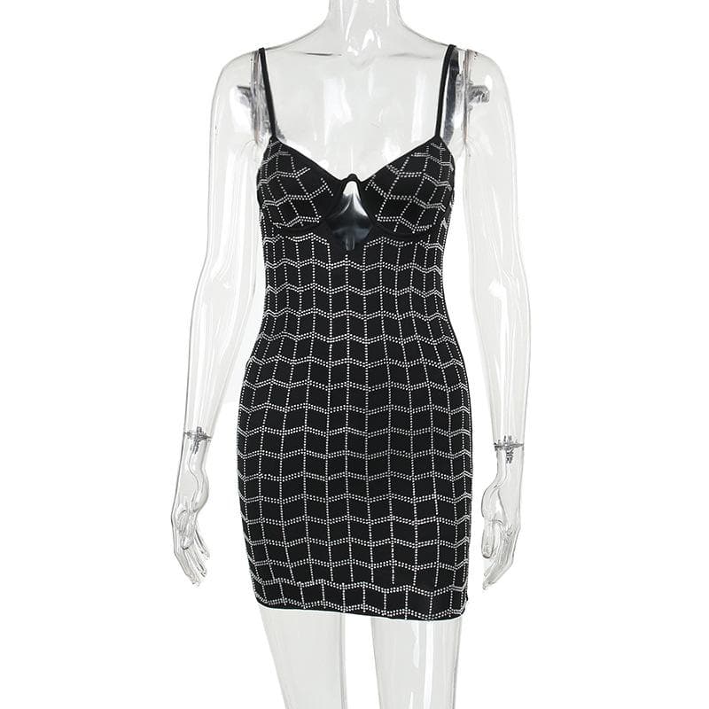 Rhinestone Grid Pattern Sweetheart Neck Cutout Bodycon Mini Dress