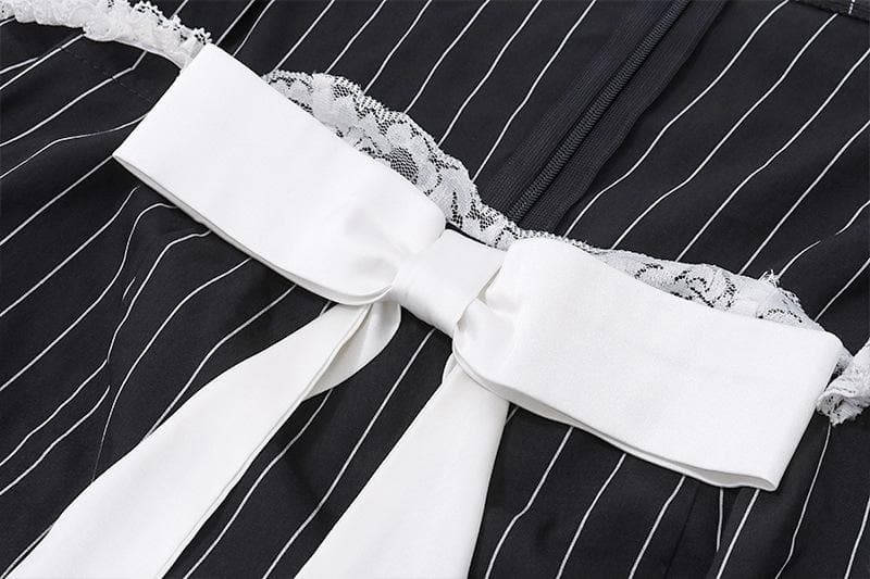 Square Neck Pinstripe Lace Trim Oversized Bow Long Sleeve Mini Dress