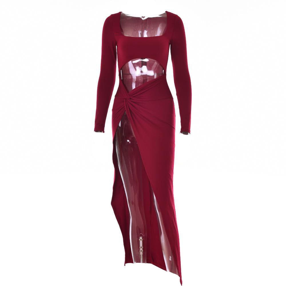 Square Neck Long Sleeve Diamond Cutout Ruched Waist Knotted Thigh Slit Midi Dress