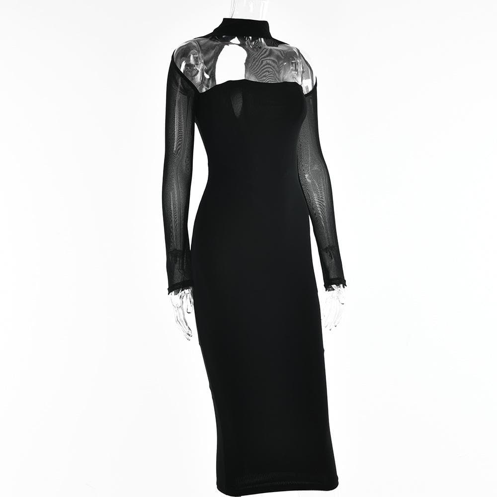 Choker Neck Chest Cutout Mesh Sleeve Zip Up Bodycon Midi Dress