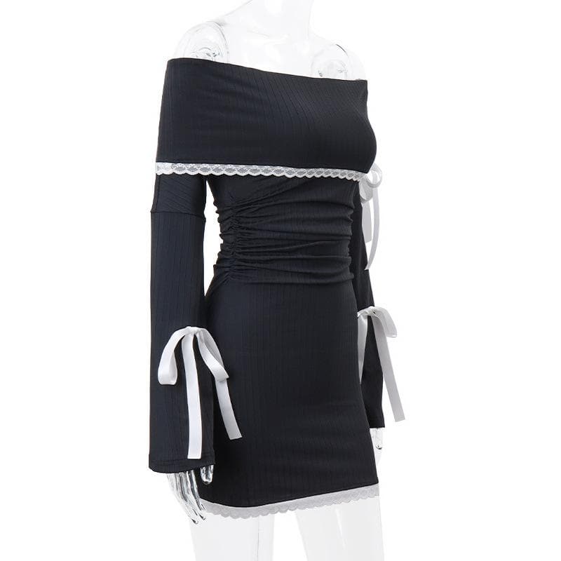 Off Shoulder Lace Trim Ribbon Bow Long Sleeve Ribbed Mini Dress