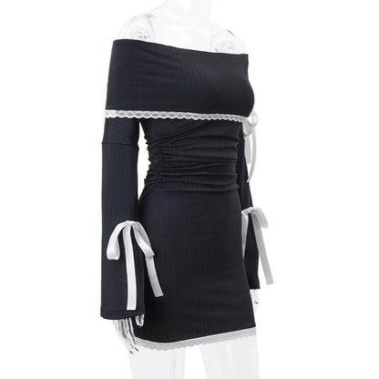 Off Shoulder Lace Trim Ribbon Bow Long Sleeve Ribbed Mini Dress