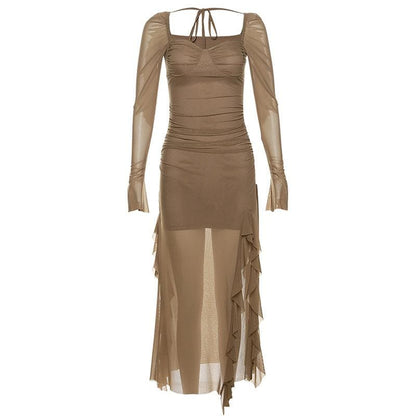 Long Sleeve Mesh Ruffle Self Tie Slit Maxi Dress