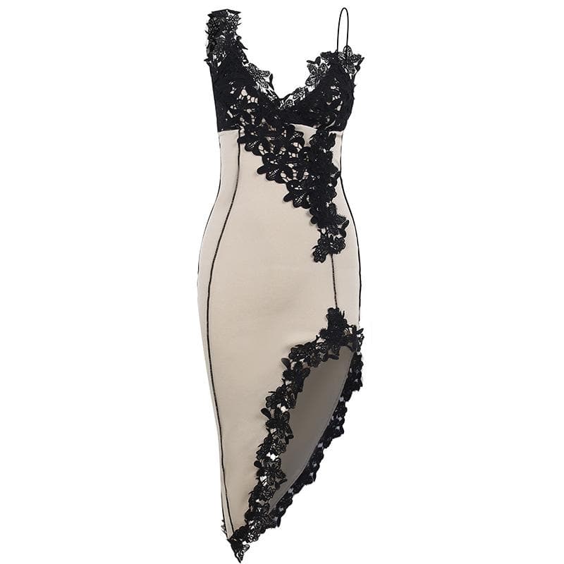 V-Neck Spaghetti Strap Floral Lace Applique Side Slit Bodycon Midi Dress