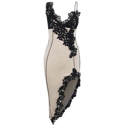 V-Neck Spaghetti Strap Floral Lace Applique Side Slit Bodycon Midi Dress