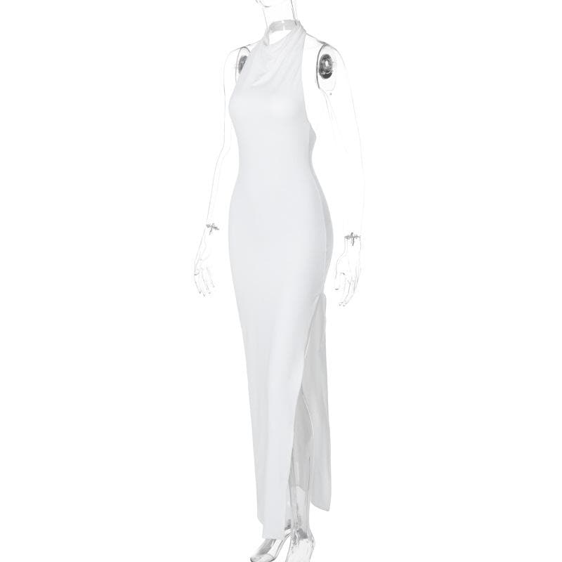 Cowl Neck Halter Sleeveless Side Slit Ruched Bodycon Maxi Dress