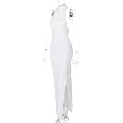 Cowl Neck Halter Sleeveless Side Slit Ruched Bodycon Maxi Dress