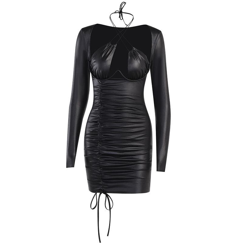 Halter Cross Strap Bust Cutout Coated Ruched Drawstring Mini Dress