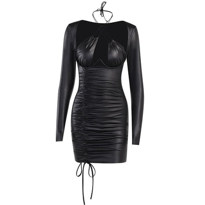 Halter Cross Strap Bust Cutout Coated Ruched Drawstring Mini Dress