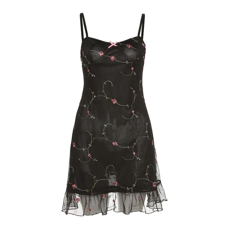 Flower Embroidery Mesh Ruffle Backless Cami Mini Dress