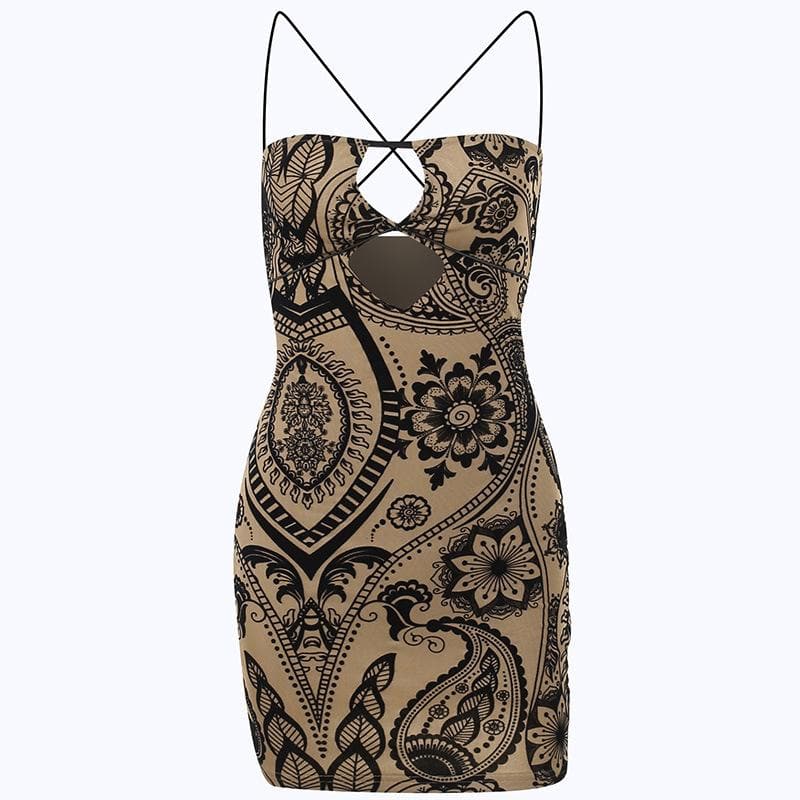 Paisley Print Crisscross Strap Cut Out Cami Bodycon Mini Dress