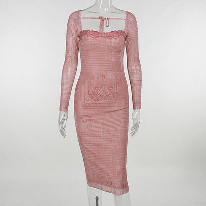 Lace Trim Square Neck Long Sleeve Newspaper Print Bodycon Midi Dress