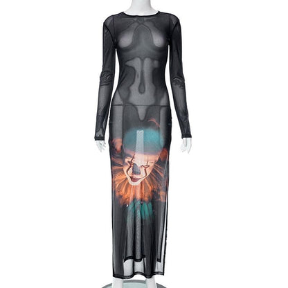 Pennywise Clown Graphic Print Sheer Mesh Long Sleeve Crew Neck Maxi Dress