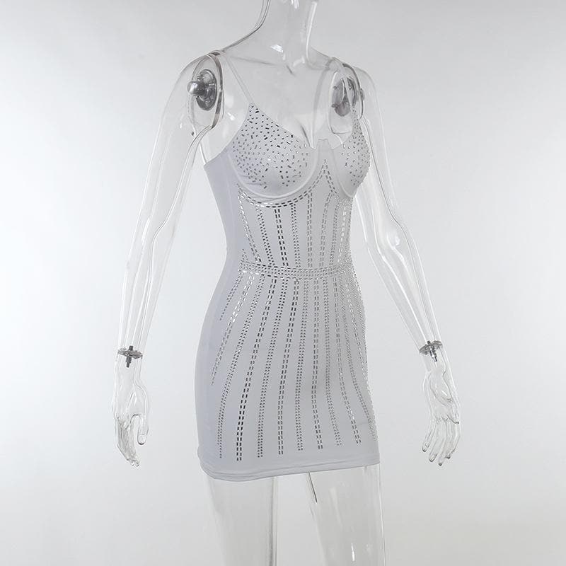 Rhinestone Embellished Sweetheart Neck Spaghetti Strap Corset Line Bodycon Mini Dress