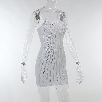 Rhinestone Embellished Sweetheart Neck Spaghetti Strap Corset Line Bodycon Mini Dress