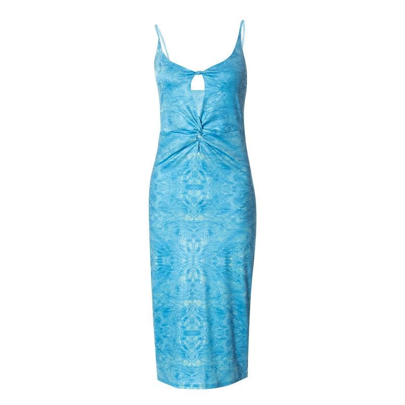 Deep V-Neck Keyhole Twist Front Marble Print Satin Maxi Dress