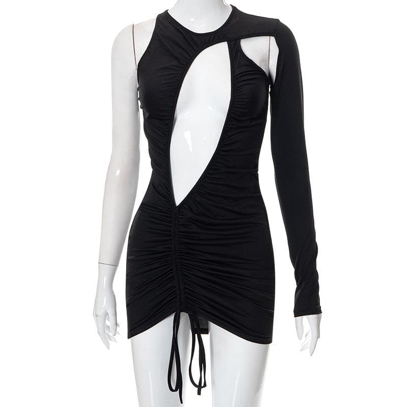 One Shoulder Long Sleeve Asymmetric Cutout Ruched Drawstring Mini Dress