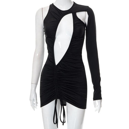 One Shoulder Long Sleeve Asymmetric Cutout Ruched Drawstring Mini Dress