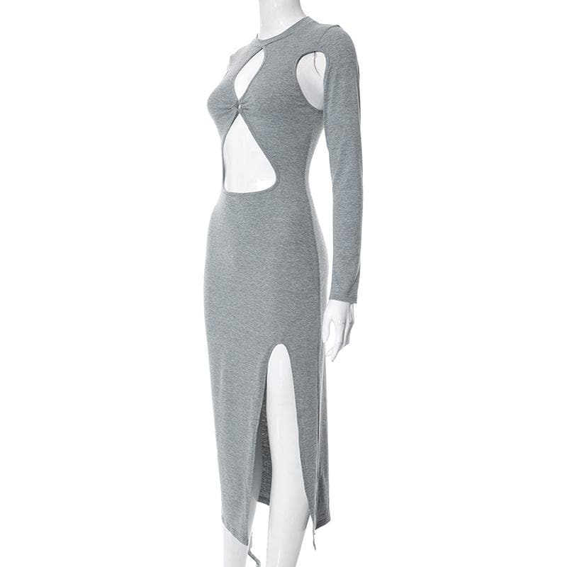 Crew Neck O-Ring Keyhole Cold Shoulder Cutout Long Sleeve Slit Maxi Dress