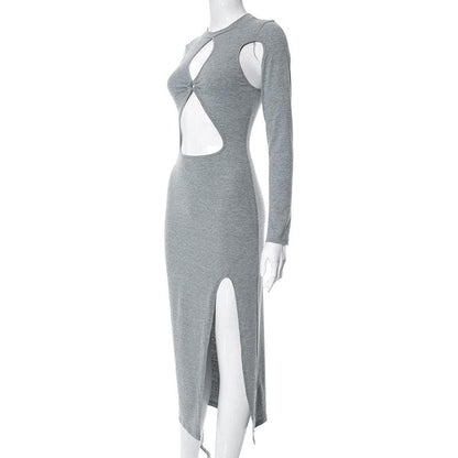 Crew Neck O-Ring Keyhole Cold Shoulder Cutout Long Sleeve Slit Maxi Dress