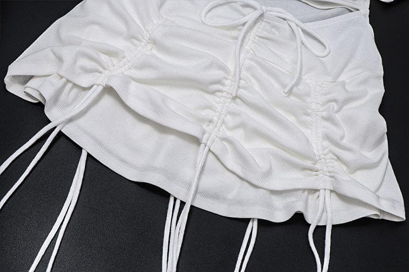Off Shoulder Cutout Ruched Drawstring One Sleeve Mini Skirt Set