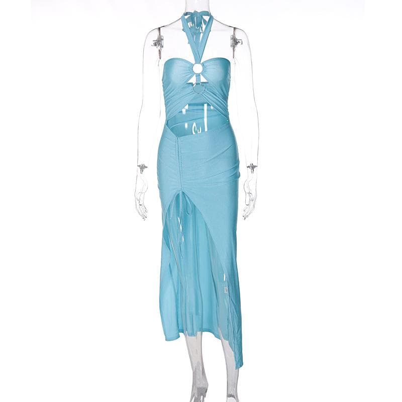 Halter Neck O Ring Cutout Ruched Drawstring High Slit Midi Dress