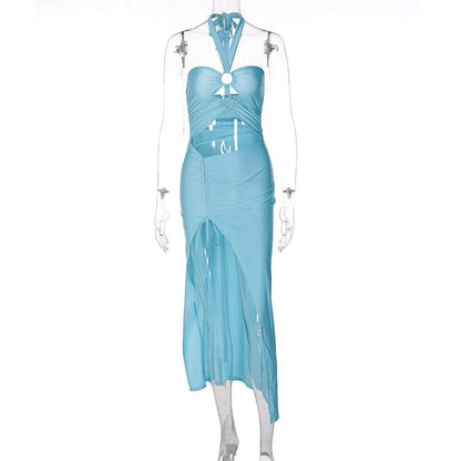 Halter Neck O Ring Cutout Ruched Drawstring High Slit Midi Dress