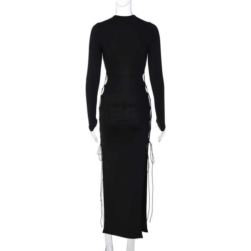 Long Sleeve Front Lace-Up Chest Cutout Side Slit Bodycon Maxi Dress
