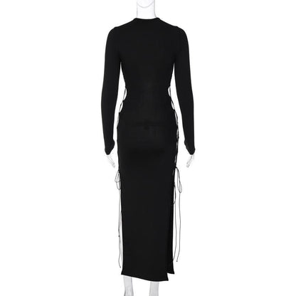 Long Sleeve Front Lace-Up Chest Cutout Side Slit Bodycon Maxi Dress