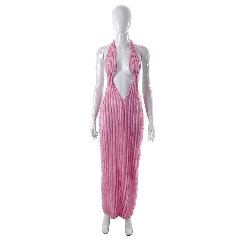 Halter Deep Plunge U Neck Vertical Ruffle Mesh Bodycon Maxi Dress