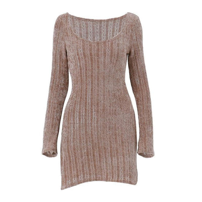Ribbed Knit Scoop Neck Long Sleeve Bodycon Mini Dress