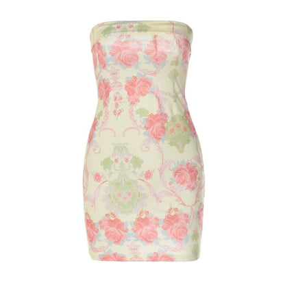 Strapless Tube Neck Floral Damask Print Bodycon Mini Dress