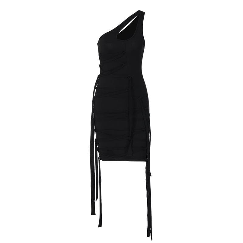 One Shoulder Bandage Lace Up Ribbon Strap Tassel Hem Mini Dress