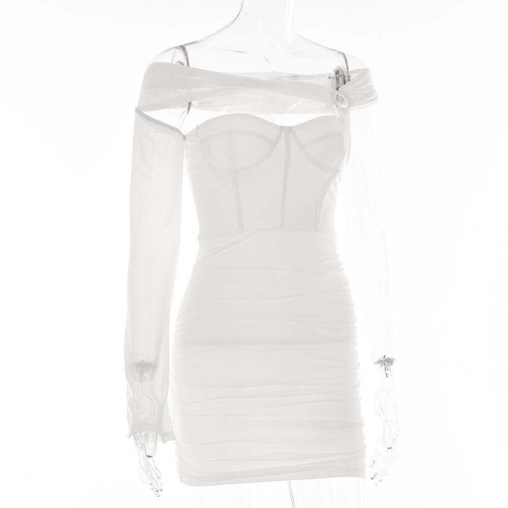 One Shoulder O Ring Hollow Out Mesh Backless Bodycon Mini Dress
