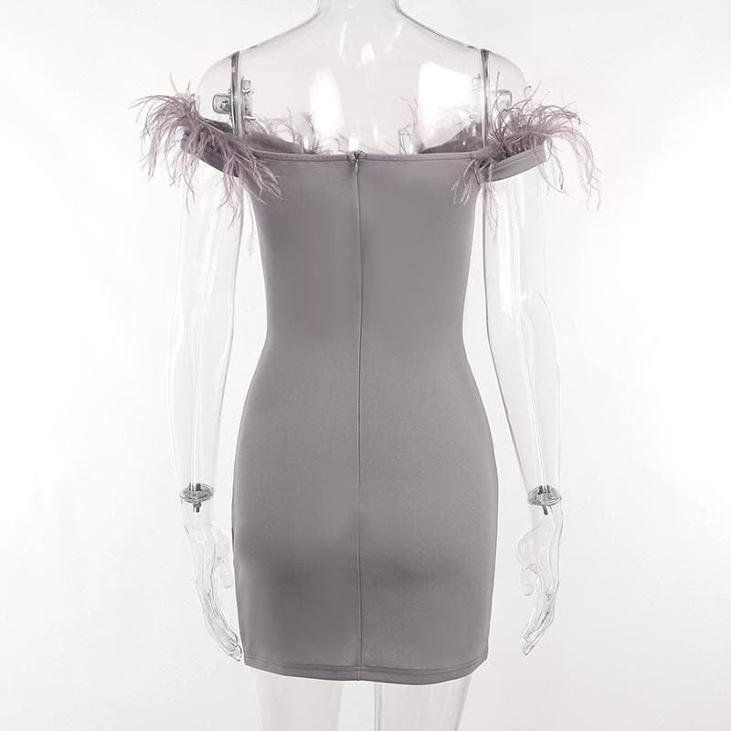 Off-Shoulder Feather Trim Corset Bodice Zip Back Bodycon Mini Dress