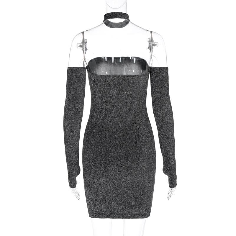 Strapless Glitter Tube Detached Sleeve Thumbhole Choker Mini Dress Set