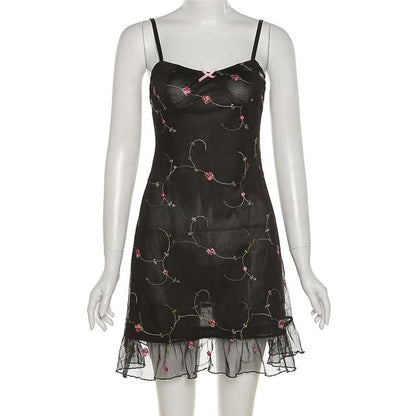 Flower Embroidery Mesh Ruffle Backless Cami Mini Dress