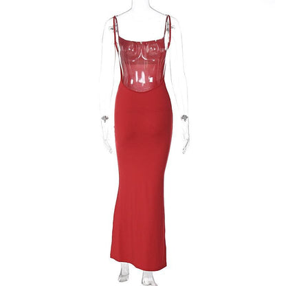 Spaghetti Strap Square Neck Backless Bodycon Maxi Dress