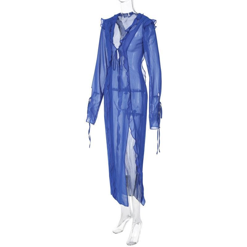 Sheer Chiffon Ruffle Trim Tie Front V-Neck Long Sleeve High Slit Maxi Dress