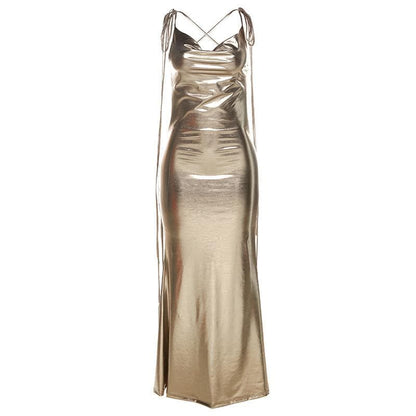 Metallic Cowl Neck Cross Tie Strap Open Back Ruched Bodycon Maxi Dress