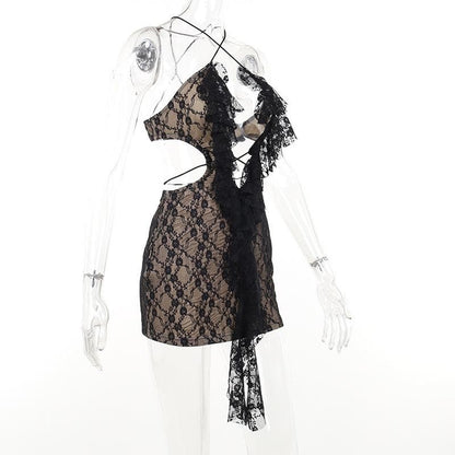 Lace Halter Cross Front Diamond Cutout Ruffle Mini Dress
