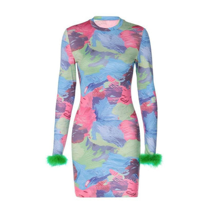 Crew Neck Long Sleeve Abstract Brushstroke Print Feather Cuff Mini Dress