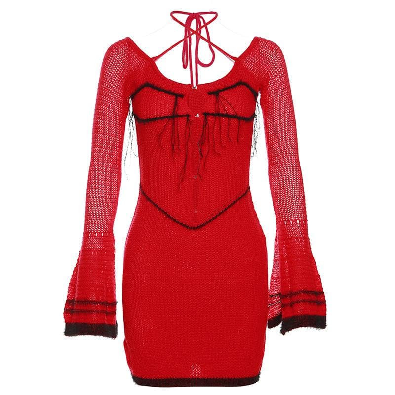 Crochet Halter Bell Sleeve Distressed Trim Cross Front Mini Dress