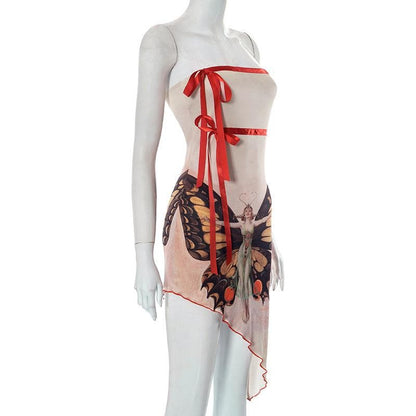 Butterfly Print Ribbon Trim Asymmetrical Hem Tube Mini Dress