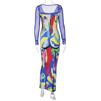 Square Neck Long Sleeve Abstract Face Print Mesh Sleeve Bodycon Maxi Dress