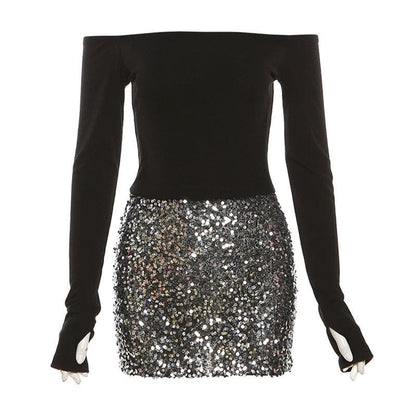 Off Shoulder Sequin Skirt Thumbhole Long Sleeve Bodycon Mini Dress