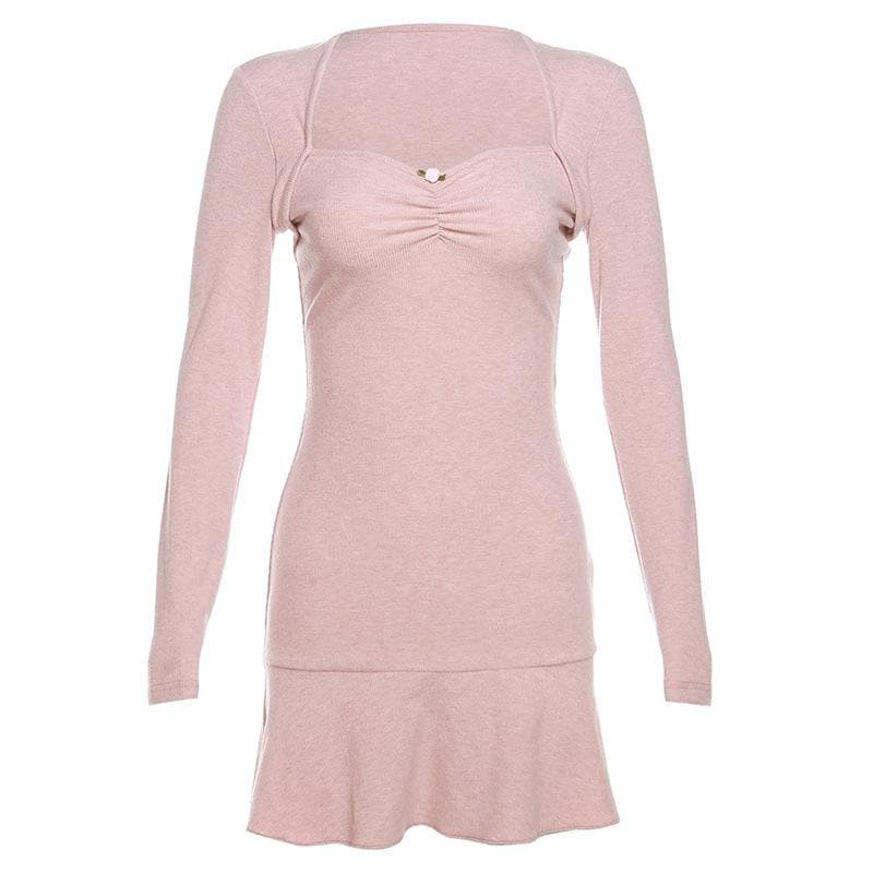 Rib Knit Sweetheart Ruched Pearl Long Sleeve Ruffle Hem Mini Dress