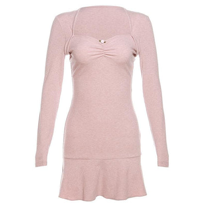 Rib Knit Sweetheart Ruched Pearl Long Sleeve Ruffle Hem Mini Dress