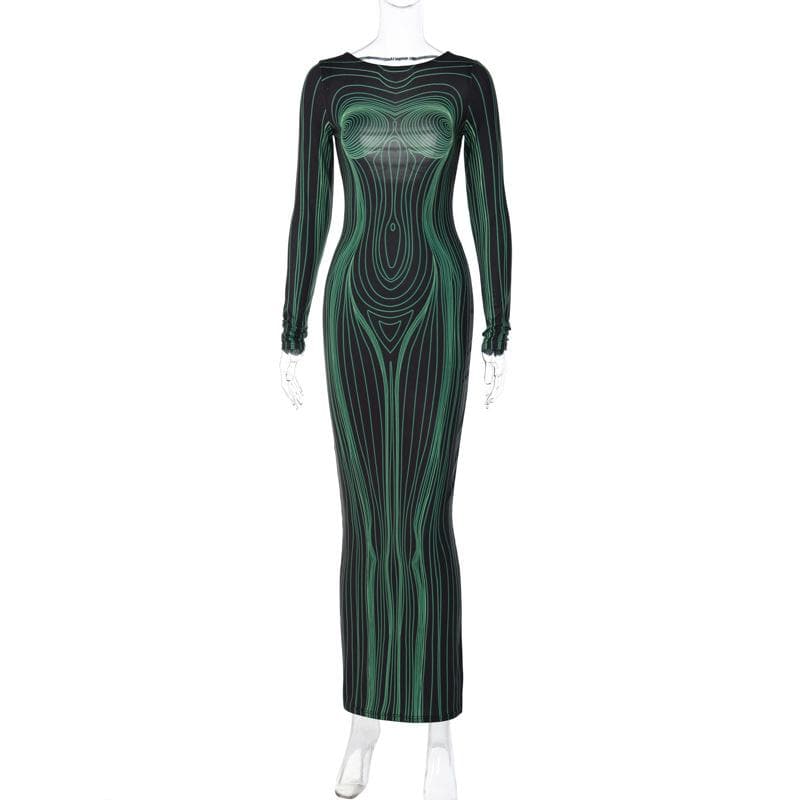 Body Contour Graphic Print Crew Neck Long Sleeve Maxi Dress