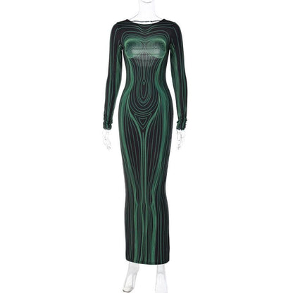 Body Contour Graphic Print Crew Neck Long Sleeve Maxi Dress